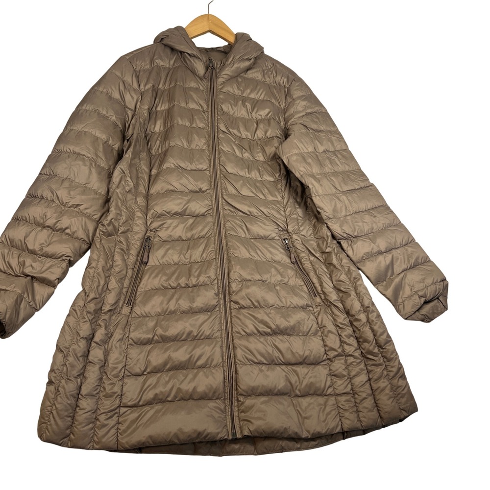 Aventure Womens Down Puffer Parka Jacket Brown Taupe Hooded Long Coat Large